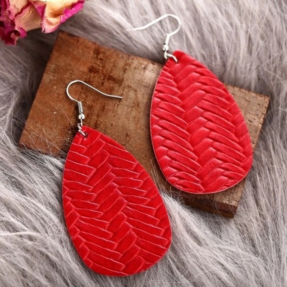 n/a Jewelry - Red Braided Leather Leaf Tribal Drop Earrings